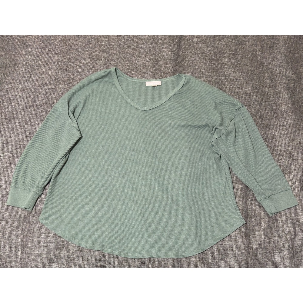Woman Within Womens 1X Top Sage Green Waffle Knit Long Sleeve V-Neck